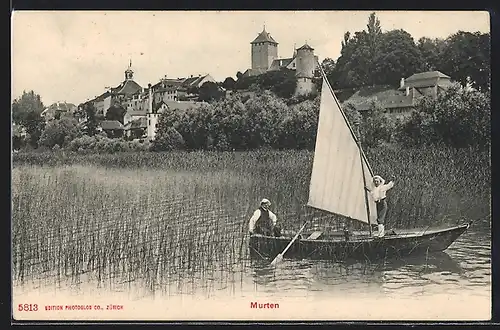 AK Murten, Ortsansicht mit Kirche, Segelboot