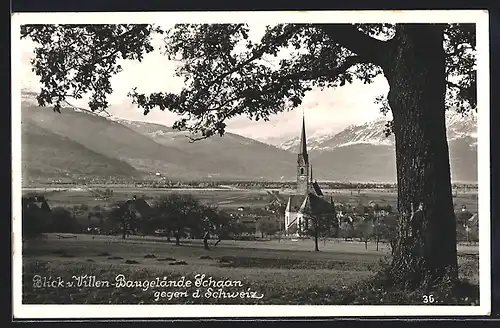 AK Schaan, Blick vom Villen-Baugelände mit Kirche