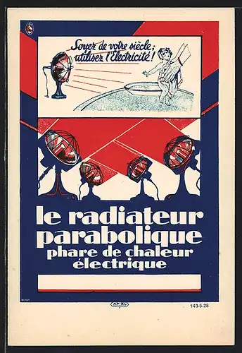 Künstler-AK Le Radiateur parabolique, phare de chaleur électrique, Scheinwerfer beleuchten den Himmel