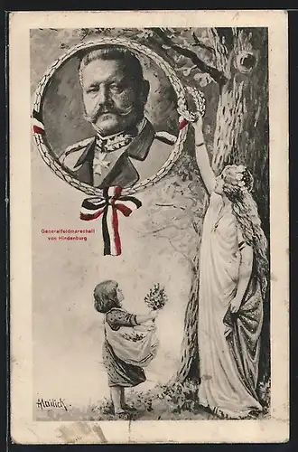 Künstler-AK Alfred Mailick: Mutter mit Kind verehren Generalfeldmarschall von Hindenburg