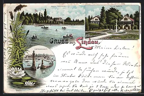 Lithographie Lindau i. B., Villa Toscana, Villa Amsee, Hafenansicht