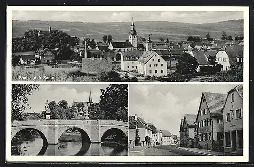 AK Saal a. d. fr. Saale, Strassenpartie, Totalansicht mit Kirche, Brücke