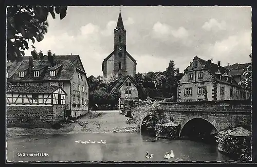 AK Gräfendorf / Ufr., Flusspartie mit Kirche