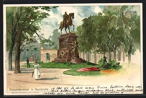 Künstler-AK Heinrich Kley: Kaiserdenkmal in Karlsruhe, Partie im Park