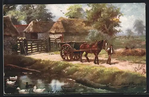 Künstler-AK Harry Payne: The farm pond, Pferdefuhrwerk