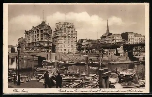 AK Hamburg, Blick vom Baumwall auf Rödingsmarkt und Hochbahn