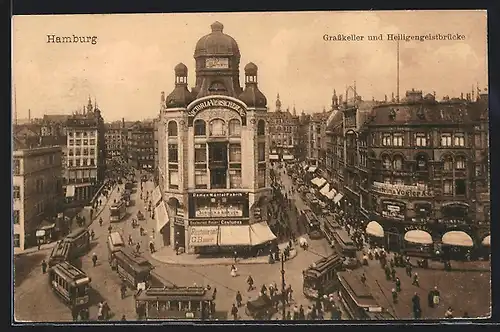 AK Hamburg, Grasskeller und Heiligengeistbrücke mit Strassenbahn