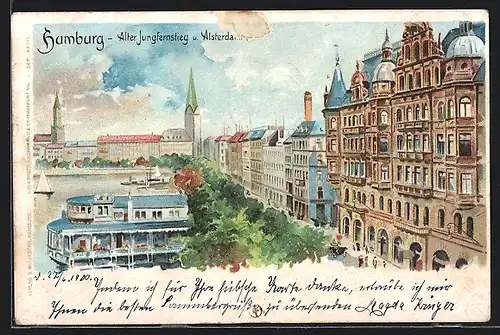 Lithographie Hamburg, Jungfernstieg und Alsterdamm