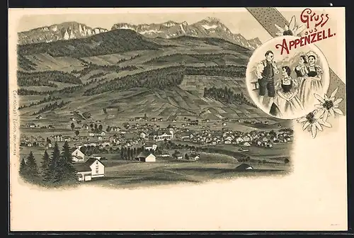 Lithographie Appenzell, Totalansicht aus der Ferne