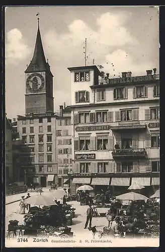 AK Zürich, Hotel Schwert mit Gemüsebrücke- & St. Peterskirche