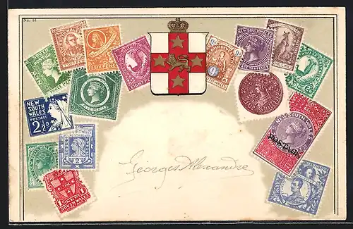 AK Australien, Verschiedene Briefmarken des Landes, Wappen