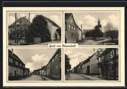 AK Mannstedt, Schule, Kirche und Denkmal, Strassenpartie