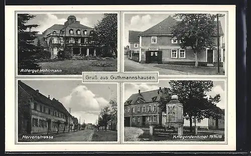 AK Guthmannshausen, Rittergut Wohlmann, Herrenstrasse, Kriegerdenkmal, Gemischtwaren Heinrich Müller