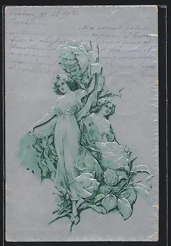 Relief-AK Mädchen mit Riesen-Rose, Jugendstil