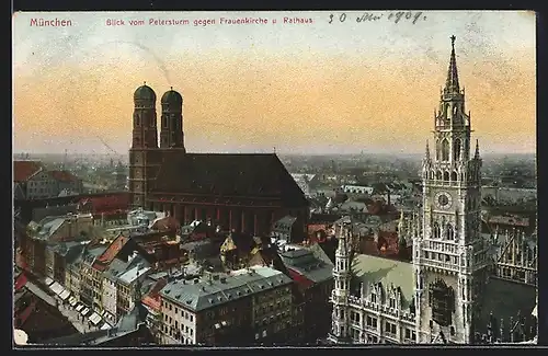 AK München, Frauenkirche u. Rathaus vom Petersturm aus