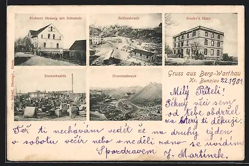 AK Berg-Warthau, Bäckerei Stressig mit Schmiede, Steinschneide, Stauke`s Haus