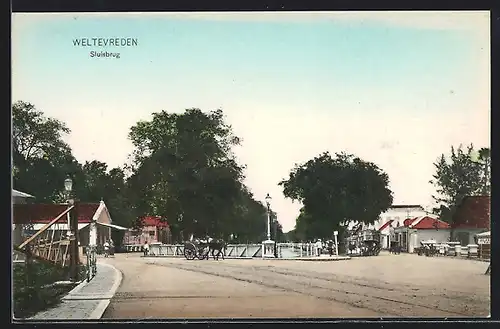 AK Weltevreden, Sluisbrug, Strassenpartie mit Pferdekutsche