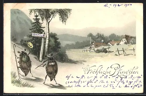 Lithographie Zwei Maikäfer auf Wanderschaft vor einem kleinen Ort in den Bergen