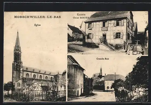 AK Morschwiller-le-Bas, Église, Épicerie Oscar Binder, Grande-Rue