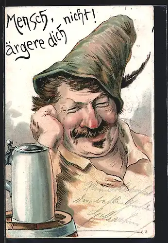 Lithographie Betrunkener mit Bierkrug - Mensch, ärgere dich nicht