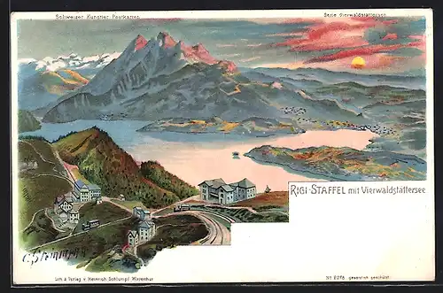 Künstler-AK Rigi-Staffel, Vierwaldstättersee, Ortsansicht