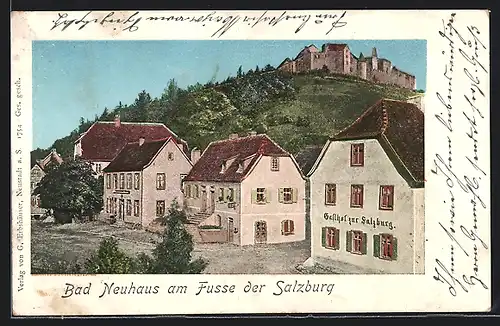 Goldfenster-AK Bad Neuhaus am Fusse der Salzburg, Ortspartie mit Gasthof zur Salzburg