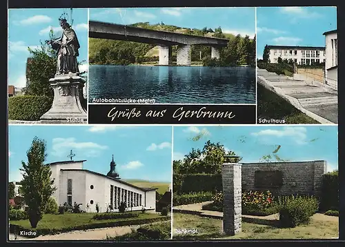 AK Gerbrunn, Statue, Denkmal, Autobahnbrücke, Schulhaus