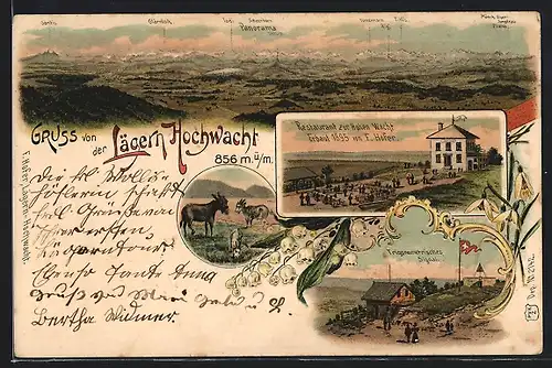 Lithographie Lägern Hochwacht, Restaurant zur hohen Wacht, Trigonometrisches Signal, Panorama