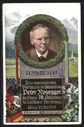 Künstler-AK R. Assmann: Karte zum 70. Geburtstag von Peter Rosegger