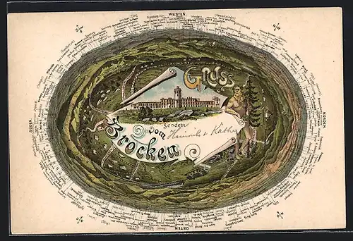 Lithographie Brocken, Panorama in alle Himmelsrichtungen