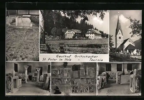 AK St. Peter im Holz, Gasthof Gritschacher, Blick zum Ort, Kirche, Fresken, Mosaike, zwei Innenansichten