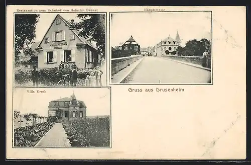 AK Drusenheim, Restaurant zum Bahnhof, Villa Ursch, Hauptstrasse