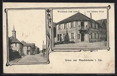 AK Mundolsheim i. Els, Gasthaus zum Adler von Johann Haas, Strassenpartie