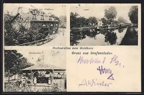 AK Grafenstaden, Restaurant zum Waldhorn, Musikpavillon, Kanal