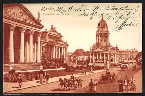 Lithographie Berlin, Gendarmenmarkt mit Blick zum Französischen Dom