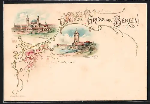 Lithographie Berlin, Berliner Gewerbe-Ausstellung 1896, Restaurant mit Aussichtsturm