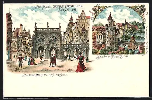 Lithographie Berlin, Gewerbeausstellung 1896, Spandauer Strasse mit Gerichtslaube, Spandauer Tor mit Brücke