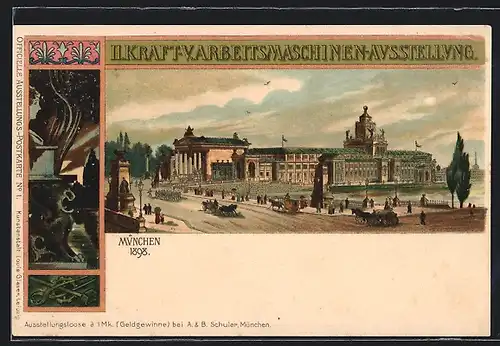 Lithographie München, II. Kraft-V. Arbeitsmaschinen-Ausstellung 1898, Ausstellungsgebäude, Pferdekutschen