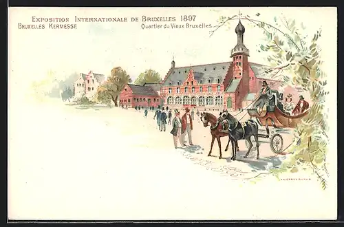 Lithographie Bruxelles, Exposition Internationale 1897, Kermesse, Quartier du Vieux Bruxelles