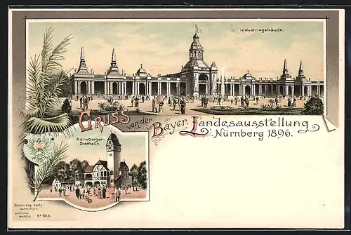 Lithographie Nürnberg, Bayer. Landesausstellung 1896, Nürnberger Bierhalle, Industriegebäude