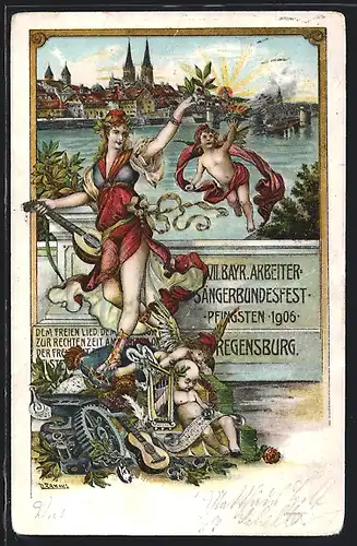 Künstler-AK Ganzsache Bayern PP15C122: Nürnberg, 7. Arbeiter-Bayrisches Sänger-Bundes-Fest Pfingsten 1906