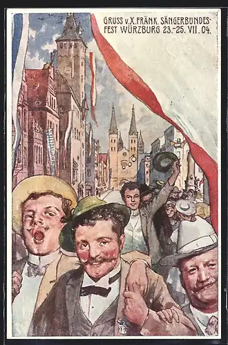 Künstler-AK Ganzsache Bayern: Würzburg, X. Fränk. Sängerbundesfest 1904, Sänger auf der Strasse