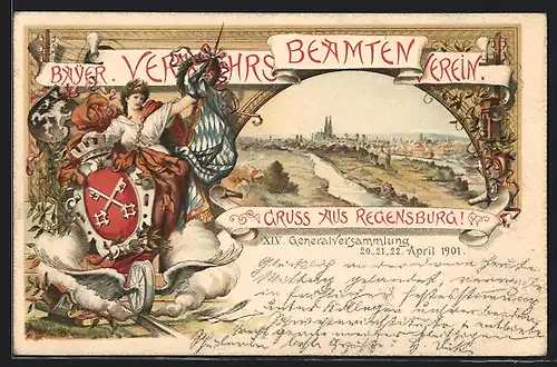 Künstler-AK Regensburg, XIV. Generalversammlung des Bayer. Verkehrs-Beamten-Verein 1901, Ganzsache Bayern