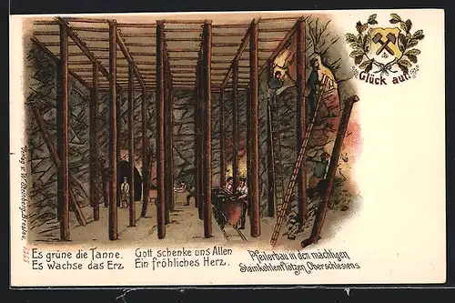 Lithographie Bergmänner beim Pfeilerbau in Steinkohlenflötzen Oberschlesiens