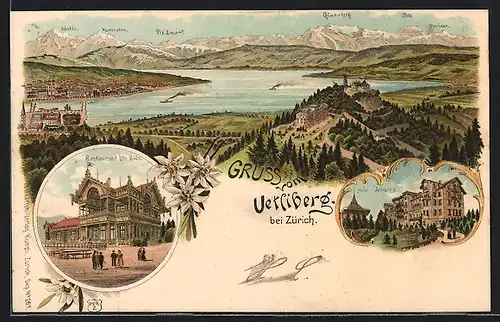 Lithographie Uetliberg, Totalansicht, Restaurant Uto Kulm, Hotel Uetliberg