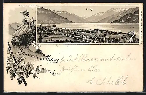 Lithographie Vevey, Vue generale, Costume vandois