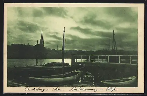 AK Sonderborg a. Alsen, Nachtstimmung am Hafen