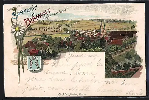 Lithographie Blamont, Panorama mit Kirche, Wappen