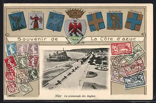 Präge-AK Nice /Côte d`azur, La promenade des Anglais, Briefmarken, Wappen von Monaco, Cannes & Menton, Passepartout