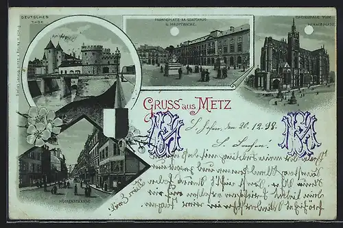 Mondschein-Lithographie Metz, Deutsches Thor, Paradeplatz, Römerstrasse